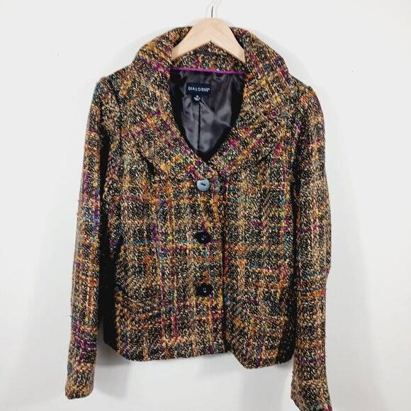 Dialogue SZ 14 Tweed Jacket Long Sleeve Button Front Brown/Green/Burgundy/Cream - Picture 5 of 16
